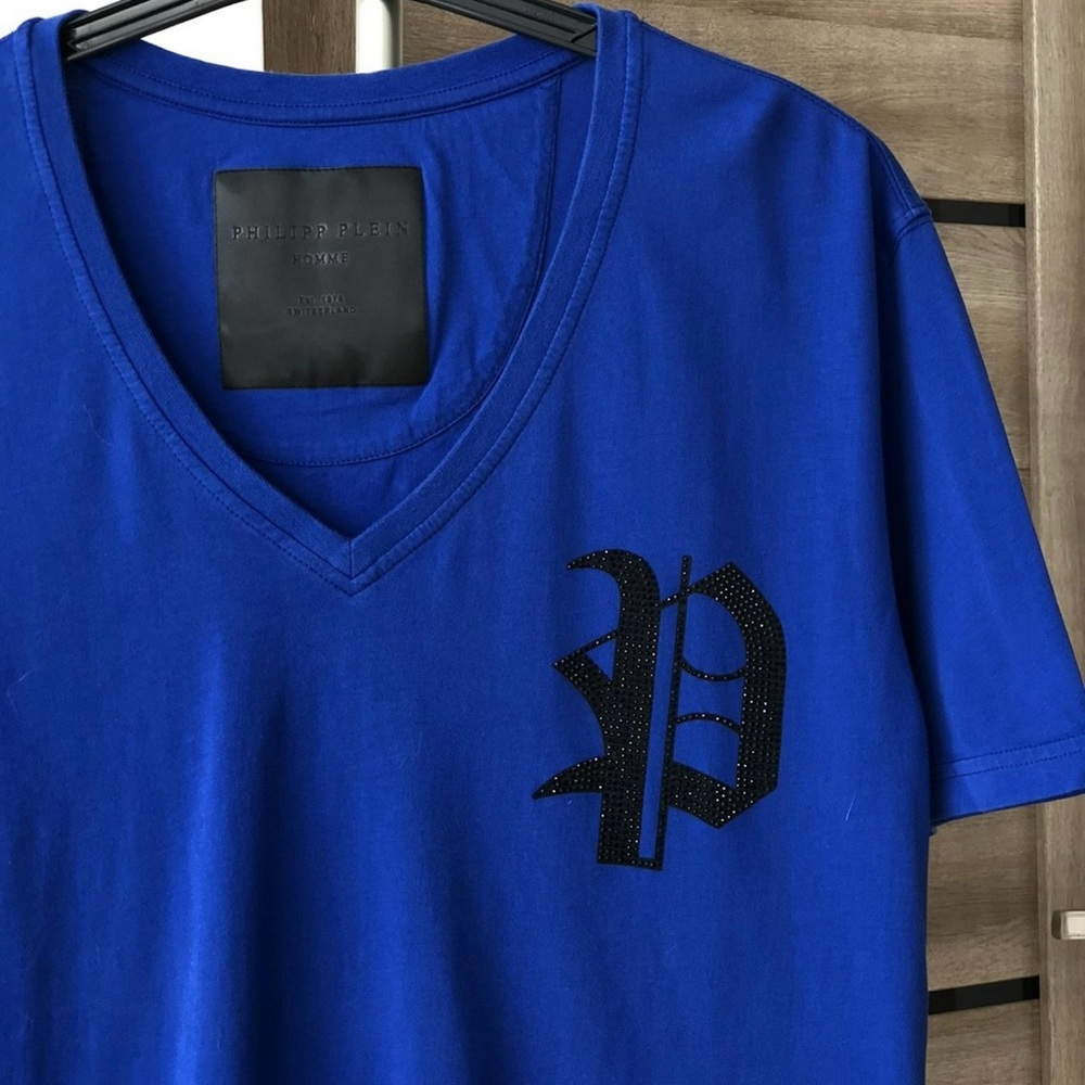 Phillip plein T-shirt, blue with P and Plein black rhinestones. Only worn once.